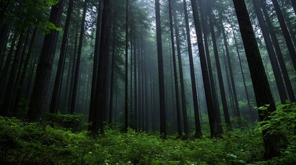 Poster - Mysterious forest scene with tall trees shrouded in fog and thick underbrush in green tones : Generative AI