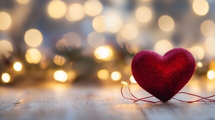 Leinwandbilder - Glistening Red Heart Decoration with Sparkles on a Wooden Table Surrounded by Lights : Generative AI