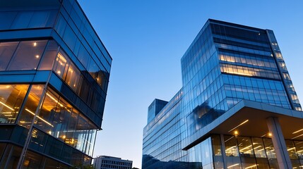 Poster - Modern Urban Architecture with Glass Facades Under Twilight Sky : Generative AI