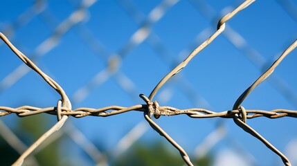 Fototapete - Close Up of Woven Wire Fence Against Clear Blue Sky Capturing Textures and Depth : Generative AI