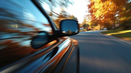 Aufkleber - Dynamic shot of a speeding car on a treelined road showcasing the beauty of nature in the autumn season : Generative AI