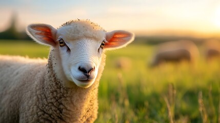 Poster - Charming Sheep with a Soft Coat Curiously Gazing at the Camera in a Pastoral Setting : Generative AI