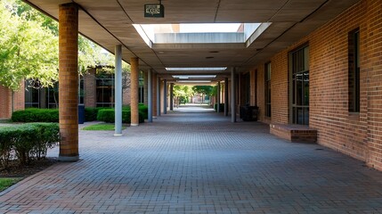 Poster - Stylish modern architecture featuring a spacious walkway surrounded by inviting greenery : Generative AI