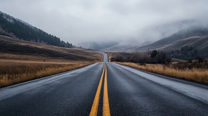 Poster - Deserted winding road stretching through foggy mountains and open grassy fields : Generative AI