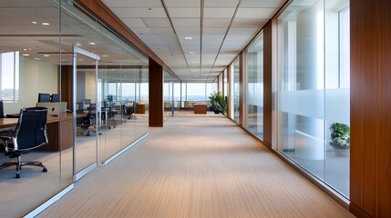 Poster - Modern Office Interior with Glass Walls and Bright Natural Light : Generative AI
