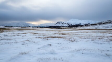 Poster - Snowy Landscape with Mountains under a Cloudy Sky in Winter Season : Generative AI