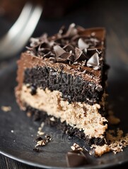 Aufkleber - Decadent slice of rich chocolate cake topped with dark chocolate shavings on a black plate : Generative AI