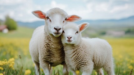 Poster - Adorable Sheep Pair in a Field of Yellow Flowers with a Soft and Gentle Atmosphere : Generative AI