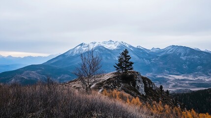 Poster - Majestic mountain view showcasing rugged peaks with autumn colors in a serene wilderness setting : Generative AI