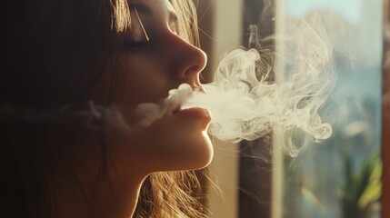 Poster - A woman enjoys a serene moment, exhaling wisps of smoke that dance in the gentle golden light of dusk. The atmosphere is calm and reflective, surrounded by hints of greenery