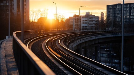 Aufkleber - Urban Sunset View with Rail Tracks Curving Through a Cityscape and Golden Light : Generative AI