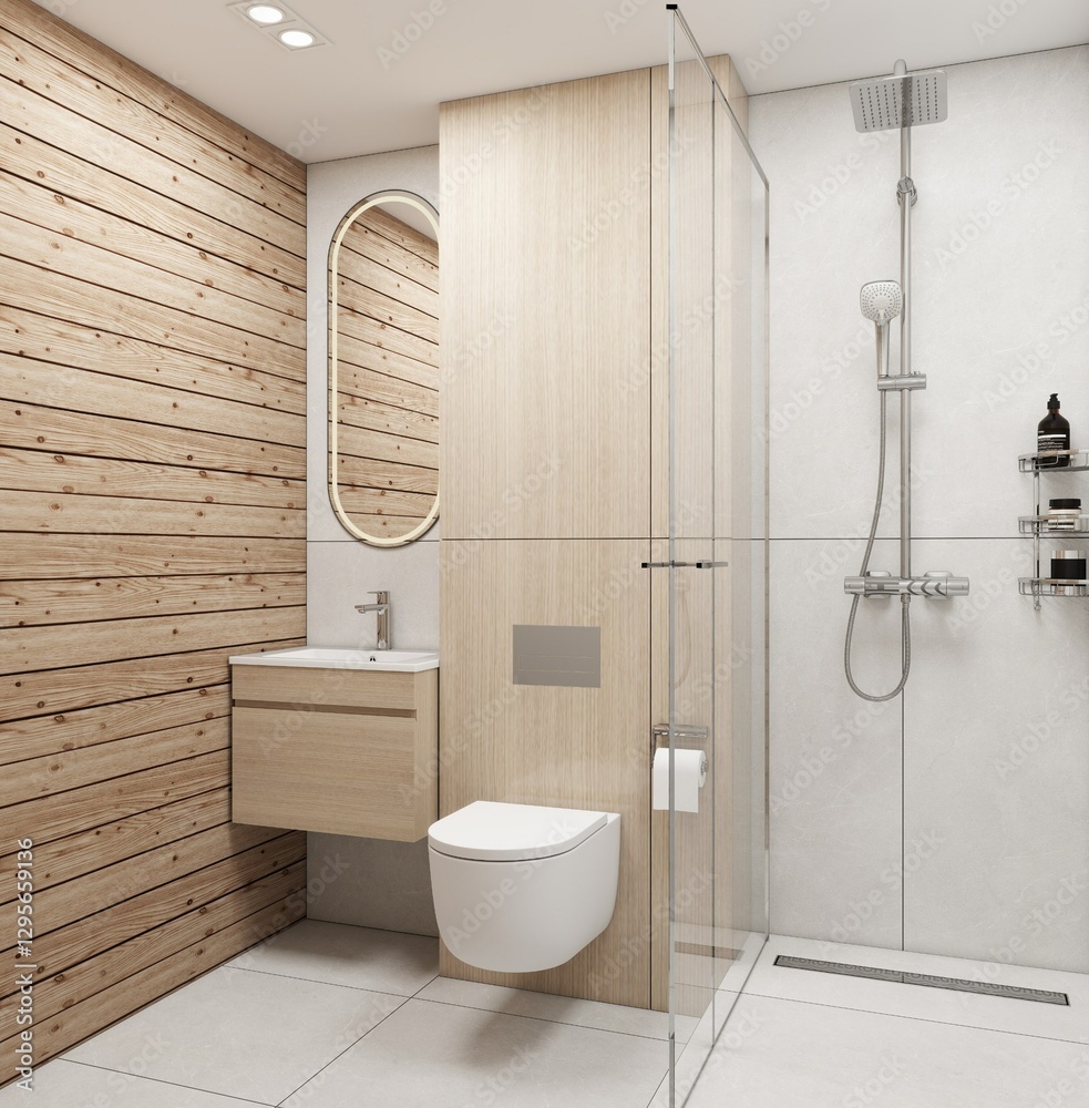 Picture of A modern, Scandinavian-style bathroom with wood accents, a floating ...