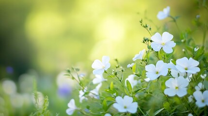 Poster - Delicate Blooming White Flowers With Soft Green Background in Spring Season : Generative AI