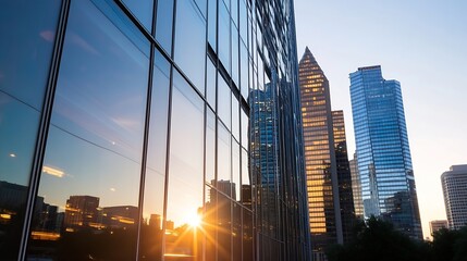Poster - Sunset reflection on modern skyscrapers showing urban life and architecture in cityscape : Generative AI