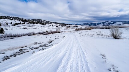 Aufkleber - Snowy rural landscape with winding road and distant hills : Generative AI