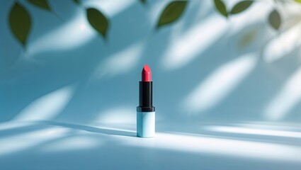Poster - bright pink lipstick stands alone on a light surface with soft shadows and leaves in the background