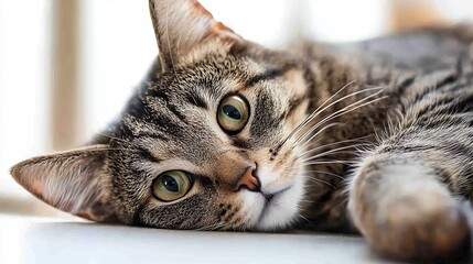 Poster - CloseUp of a Relaxed Cat Lying Comfortably on a Surface with Beautiful Green Eyes and Striped Fur : Generative AI