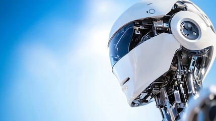 Poster - Futuristic robot head with sleek design and glossy surface reflecting sunlight against blue sky : Generative AI