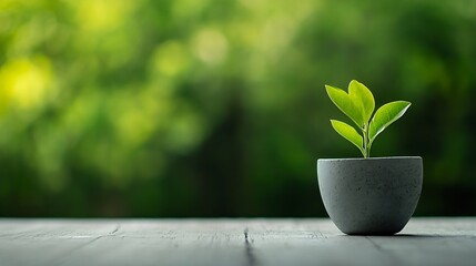 Aufkleber - Small green plant growing in a modern gray pot on a rustic wooden table with a blurred green background : Generative AI