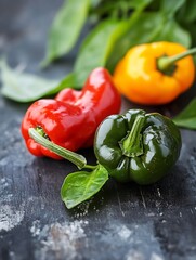 Poster - Colorful Mix of Bell Peppers Including Red Green and Yellow Varieties on Rustic Wooden Background : Generative AI