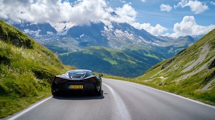 Poster - Stunning black sports car navigating a scenic mountain road with breathtaking views of nature : Generative AI
