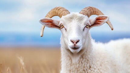Poster - Close up of a charming white sheep with prominent horns and serene expression in a natural setting : Generative AI