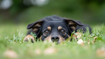 Poster - Adorable dog resting on green grass with a calm and gentle expression in a serene setting : Generative AI