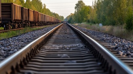 Poster - Scenic View of Train Tracks Stretching into Greenery at Dusk : Generative AI