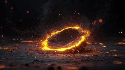 Wall Mural - Stone explodes in orange fire with dark background and sparks flying around