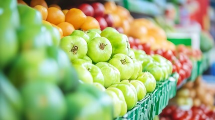 Poster - Fresh colorful fruits displayed at a market with bright green apples and other seasonal produce : Generative AI