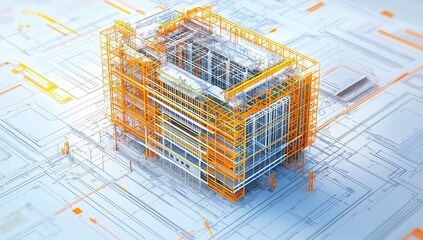 Poster - 3D Wireframe Model of Building on Blueprint Background