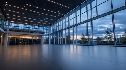 Poster - Spacious Modern Office Interior with Large Glass Windows and Scenic Outdoor Views : Generative AI