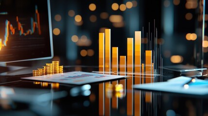 Poster - A creative data visualization scene featuring colorful bar charts and financial statistics displayed on a sleek desktop, emphasizing growth and analysis in a modern business environment.