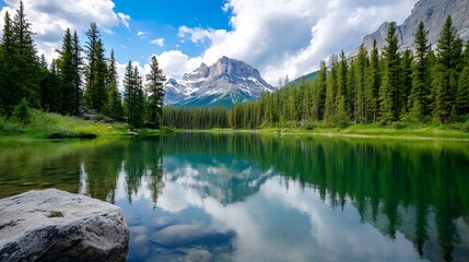 Aufkleber - Breathtaking natural landscape featuring a serene lake reflecting mountains and trees under a cloudy sky : Generative AI