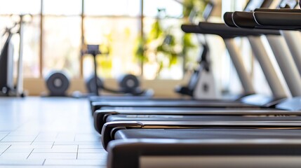 Aufkleber - Modern gym interior showcasing treadmills with bright natural light coming through the windows : Generative AI