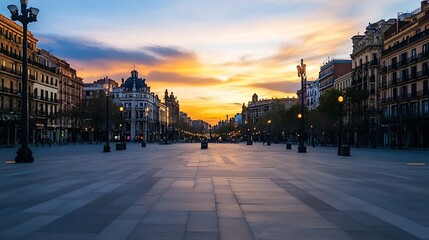 Aufkleber - Vibrant street view of a European city during sunset with dramatic lighting : Generative AI