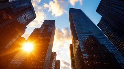 Poster - Stunning city skyline view at sunset with skyscrapers silhouetted against bright sky : Generative AI