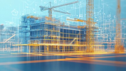 Poster - Digital Construction Model: Wireframe Building with Cranes and Data Overlay