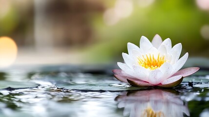 Poster - Beautiful Lotus Flower Blooming on Calm Water Surface with Soft Focus Background : Generative AI