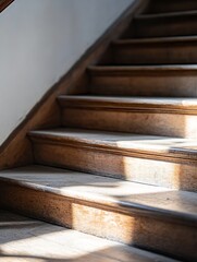 Leinwandbilder - Warm natural light illuminating wooden staircase steps with shadow play and rich textures : Generative AI