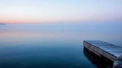 Aufkleber - Serene lake view at dawn featuring a wooden dock leading into foggy tranquility under pastel skies : Generative AI