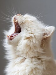 Poster - Adorable white cat yawning with its mouth wide open displaying a fluffy coat and relaxed demeanor : Generative AI