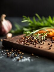 Poster - Variety of Spices and Herbs Spread on Wooden Cutting Board Ready for Cooking Preparation : Generative AI