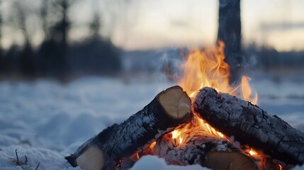 Aufkleber - Snowy Campfire with Logs Burning in the Evening Light of Winter : Generative AI