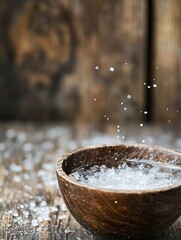 Poster - Wooden bowl filled with sea salt and water droplets on rustic wooden surface for natural beauty : Generative AI