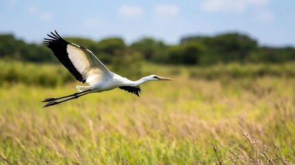Poster - Elegant White Stork in Flight Over a Green Field Under a Bright Blue Sky : Generative AI