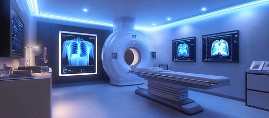 Aufkleber - Modern Medical Imaging Room with Futuristic Scanner and Blue Lighting