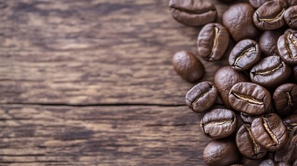 Poster - Richly roasted coffee beans scattered on rustic wooden background evoking warm morning vibes : Generative AI