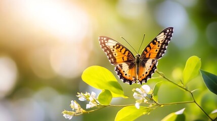 Poster - Beautiful Butterfly on Green Leaves with Soft Natural Light in a Flowering Garden : Generative AI