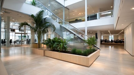 Poster - Stylish Office Interior with Lush Green Plants and Contemporary Staircase for a Welcoming Atmosphere : Generative AI